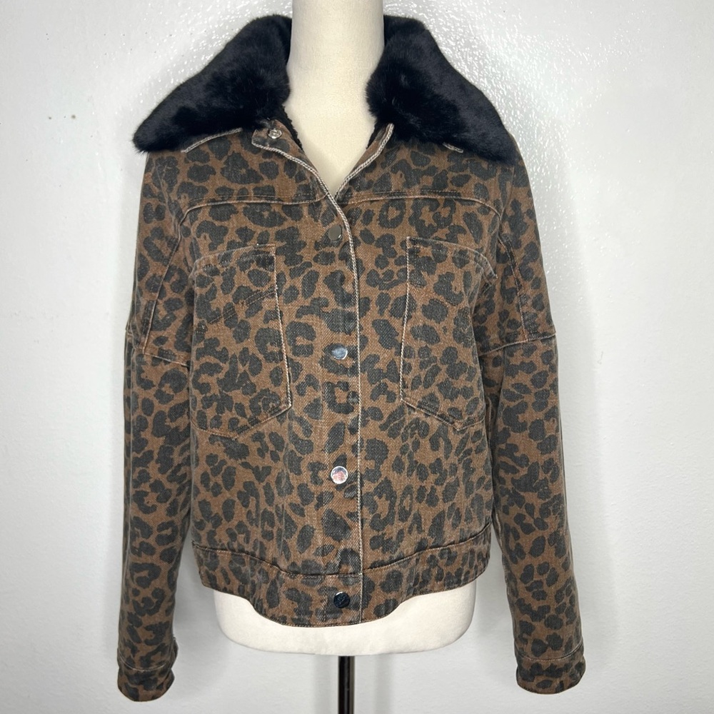 superdown Brown Leopard Print Jean Jacket with Bl… - image 4